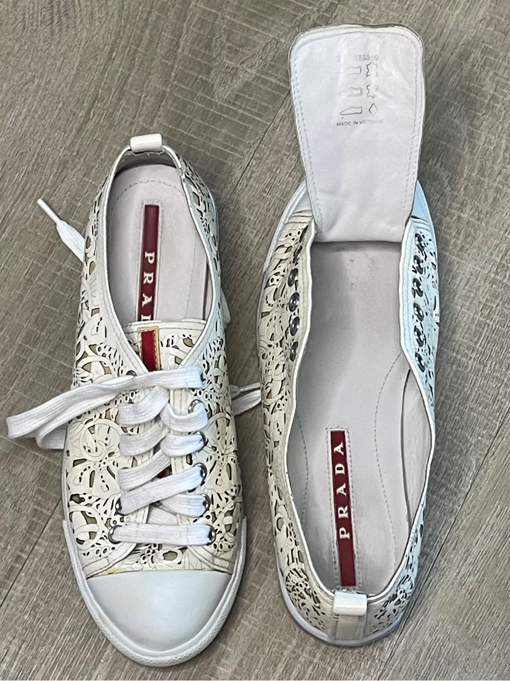 Prada Linea Rossa White Laser Cut Floral Leather Sneakers 3E5390